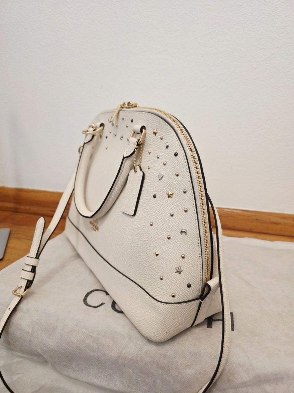 COACH Sierra Satchel + Accordian Zip Wallet w/ Stardust Studs In Chalk - Picture 6 of 16